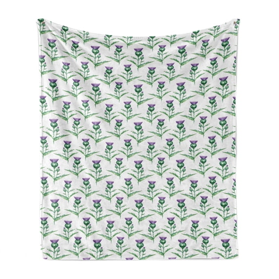 Thistle Soft Flannel Fleece Throw Blanket, Hand-Drawn Watercolor Effect Botanical Print of Milk Thistle Plant, Cozy Plush for Indoor and Outdoor Use, 70" x 90", Jade Green Off White, by Ambesonne