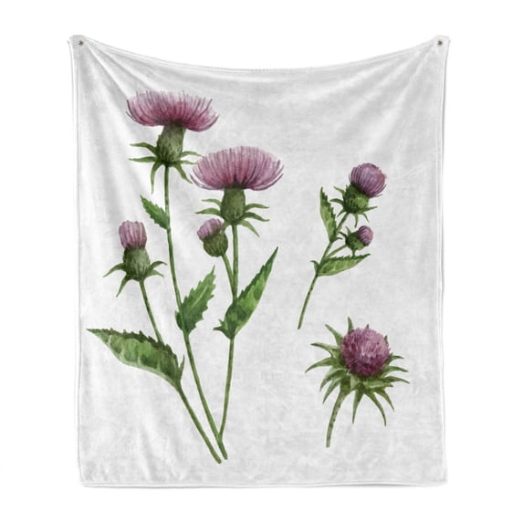 Thistle Soft Flannel Fleece Throw Blanket, Healing Herbs for Aromatherapy Concept Watercolor Thistle Flower, Cozy Plush for Indoor and Outdoor Use, 60" x 80", Mauve Taupe Fern Green, by Ambesonne