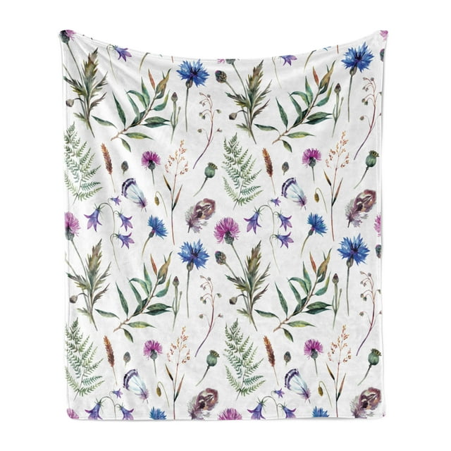 Thistle Soft Flannel Fleece Throw Blanket, Spring Theme Hand-Drawn Aquarelle Style Wildflowers Pattern on White Background, Cozy Plush for Indoor and Outdoor Use, 70" x 90", Multicolor, by Ambesonne