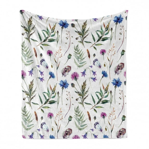 Thistle Soft Flannel Fleece Throw Blanket, Spring Theme Hand-Drawn Aquarelle Style Wildflowers Pattern on White Background, Cozy Plush for Indoor and Outdoor Use, 60" x 80", Multicolor, by Ambesonne