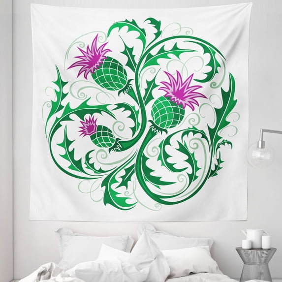 Thistle Tapestry, Celtic Style Ornament of Thistle Branches and Flowers Motif on White Background, Fabric Wall Hanging Decor for Bedroom Living Room Dorm, 5 Sizes, Multicolor, by Ambesonne