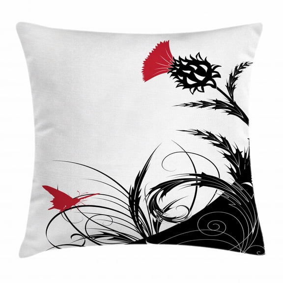 Thistle Throw Pillow Cushion Cover, Abstract Floral Background with Thistle Flowers and Butterfly Motifs, Decorative Square Accent Pillow Case, 18 X 18 Inches, Vermilion White and Black, by Ambesonne