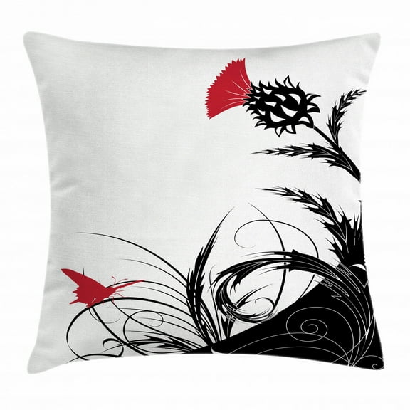 Thistle Throw Pillow Cushion Cover, Abstract Floral Background with Thistle Flowers and Butterfly Motifs, Decorative Square Accent Pillow Case, 20 X 20 Inches, Vermilion White and Black, by Ambesonne