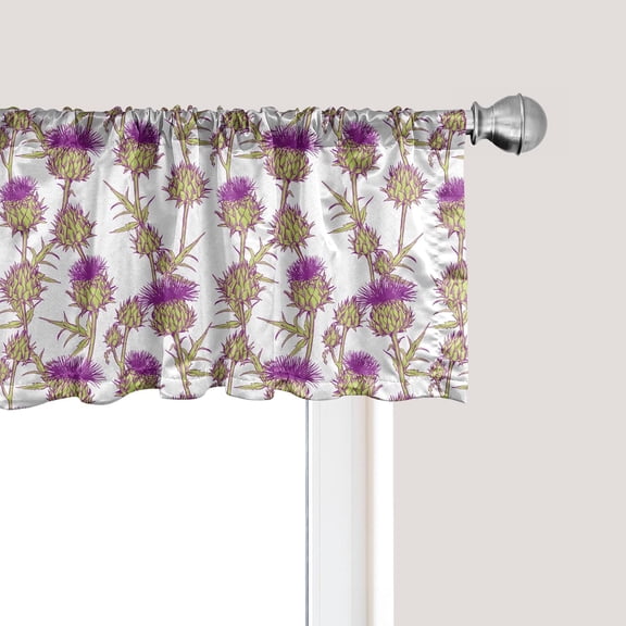 Thistle Window Valance, Summer Floral Theme with Continuous Thistle Flowers and Buds, Curtain Valance for Kitchen Bedroom Decor with Rod Pocket, 42" x 12", Apple Green Purple