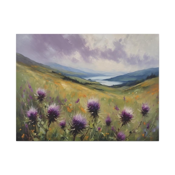 Thistles In Scottish Highlands Oil Painting Purple Wildflowers Art Isle Of Skye Landscape Wall Decor Nature Scene Poster Panoramic , Poster Print Only