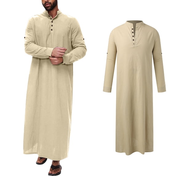 Thobe For Men Kaftan Casual Long Sleeve Robe For Men Button Tab Collar Muslim Dress For Men Thobe For Men