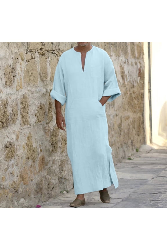 Thobe For Men Kaftan Casual Long Sleeve Thobe For Men Button Down Collar Muslim Dress For Men Abaya