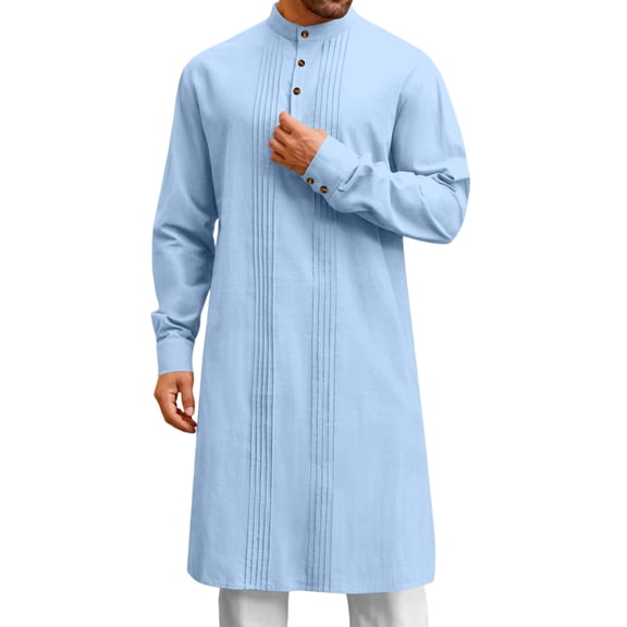 Thobe for Men Caftan Mens Kaftan Kurta Set for Men Kaftan for Men Mens Kaftan Robe Button Down Long Sleeve Cotton Linen Thobe Casual Muslim Gown Henley Shirt, Light Blue-L