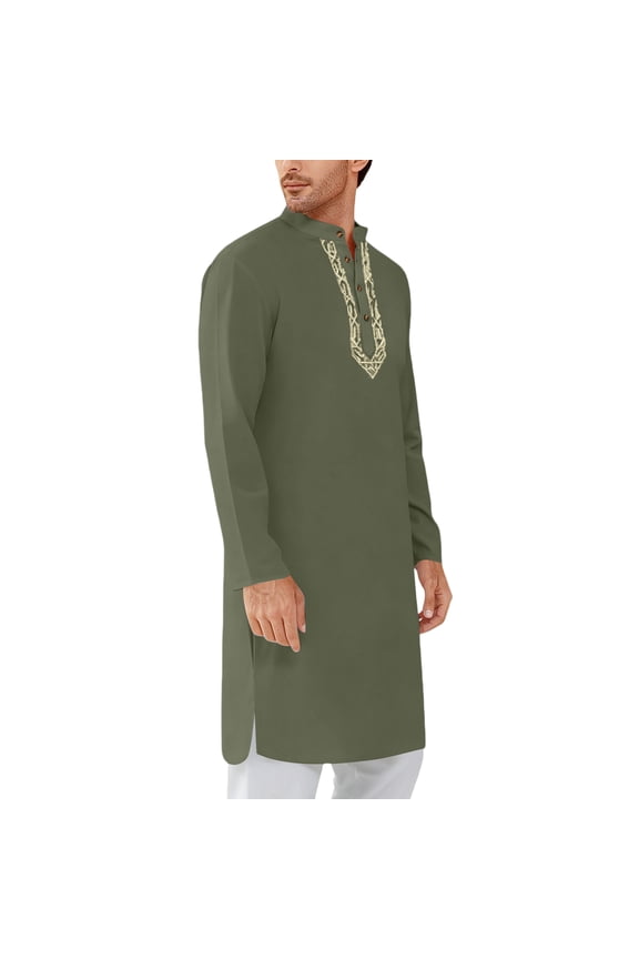 Thobe for Men Kaftan for Men Kurta Set for Men Caftan Mens Kaftan Mens Kaftan Thobe Button Down Casual Henley Shirts Long Sleeve Robe Cotton Linen Muslim Gown Shirt, Army Green-XXL
