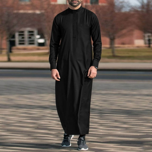 Thobe for Men Long Sleeve Causal Button Up Kaftan Robe Abaya Long Gown Relaxed Fit Jubba for Men Stylish Comfort Big and Tall Robes Summer Muslim Robe Black L