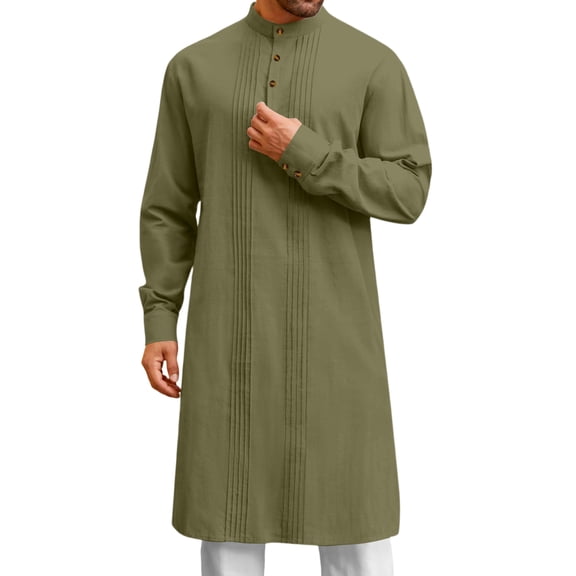 Thobe for Men Mens Kaftan Kaftan for Men Kurta Set for Men Caftan Mens Kaftan Robe Button Down Long Sleeve Cotton Linen Thobe Casual Muslim Gown Henley Shirt, Army Green-XL