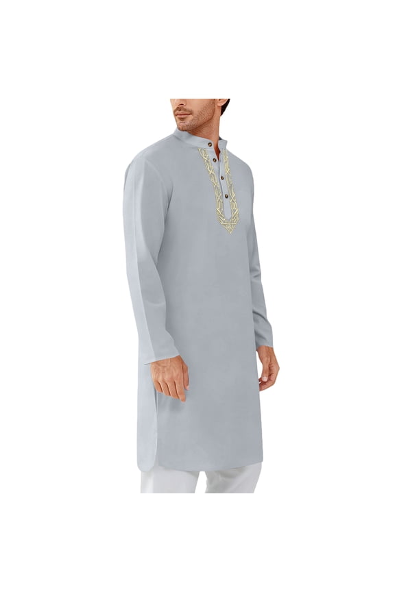 Thobe for Men Mens Kaftan Kaftan for Men Kurta Set for Men Caftan Mens Kaftan Thobe Button Down Casual Henley Shirts Long Sleeve Robe Cotton Linen Muslim Gown Shirt, Gray-XXL