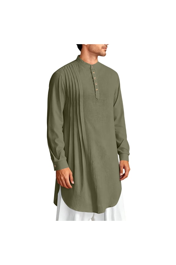 Thobe for Men Mens Kaftan Kaftan for Men Kurta Set for Men Caftan Mens Kaftan Thobe Cotton Linen Henley Shirt Long Sleeve Robe Casual Muslim Gown Kurta, Army Green-XXXL