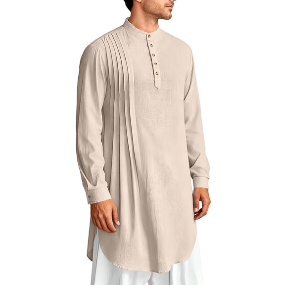 Thobe for Men Mens Kaftan Kaftan for Men Kurta Set for Men Caftan Mens Kaftan Thobe Cotton Linen Henley Shirt Long Sleeve Robe Casual Muslim Gown Kurta, Khaki-XXL