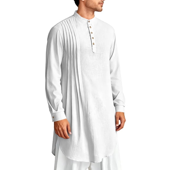 Thobe for Men Mens Kaftan Kaftan for Men Kurta Set for Men Caftan Mens Kaftan Thobe Cotton Linen Henley Shirt Long Sleeve Robe Casual Muslim Gown Kurta, White-XL
