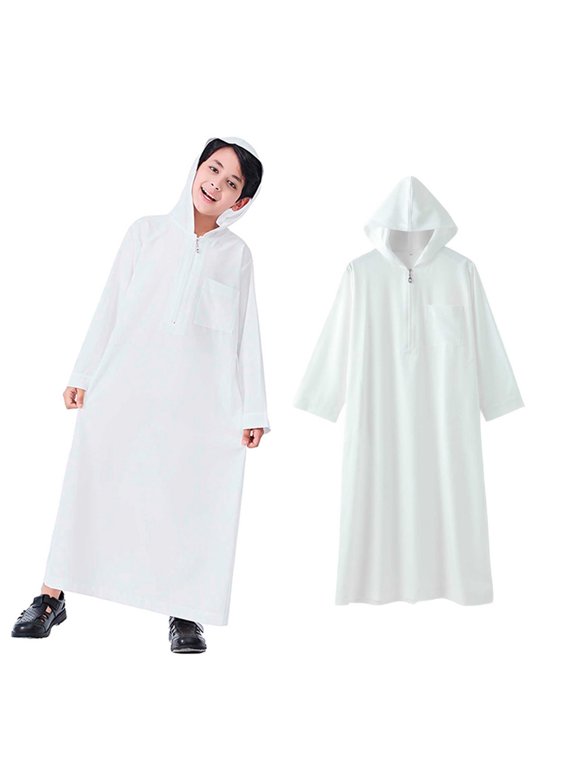 Thobe for Boy Kaftan Casual Long Sleeves Dress Crew Neck Kids Robe White Thobe 13-14 Years
