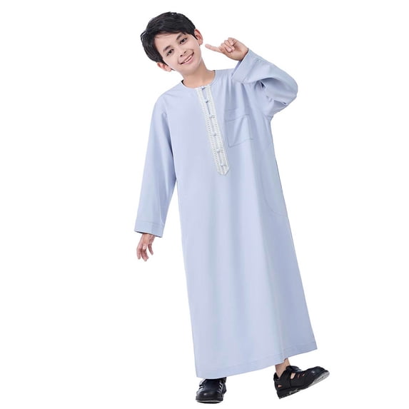 Thobe for Boy Kaftan Casual Long Sleeves Dress Crew Neck Thobes Grey Kaftan 4-5 Years
