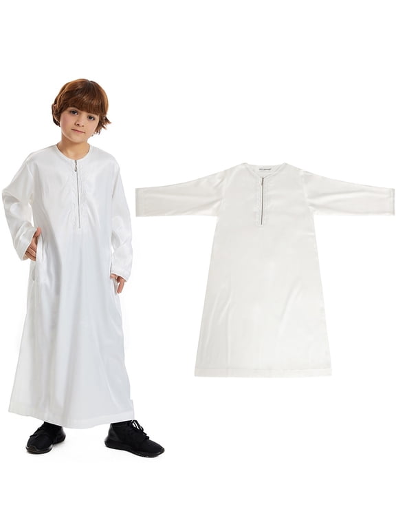 Thobe for Boy Kaftan Casual Long Sleeves Dress Crew Neck Thobes White Abaya 7-8 Years