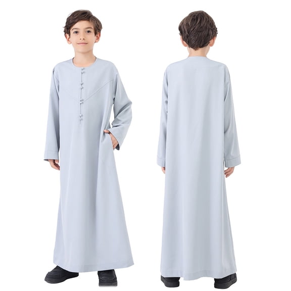 Thobe for Boy Kaftan Casual Long Sleeves Gown Crew Neck Boys Robe Light Gray Robe 7-8 Years