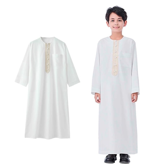 Thobe for Boy Kaftan Casual Long Sleeves Gown Crew Neck Kids Robe White Kaftan 13-14 Years