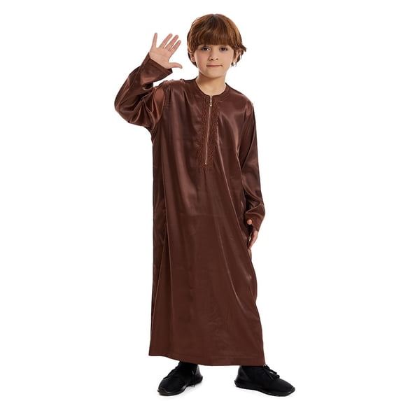 Thobe for Boy Kaftan Casual Long Sleeves Robe Crew Neck Kids Robes for Boys Coffee Kaftan 13-14 Years