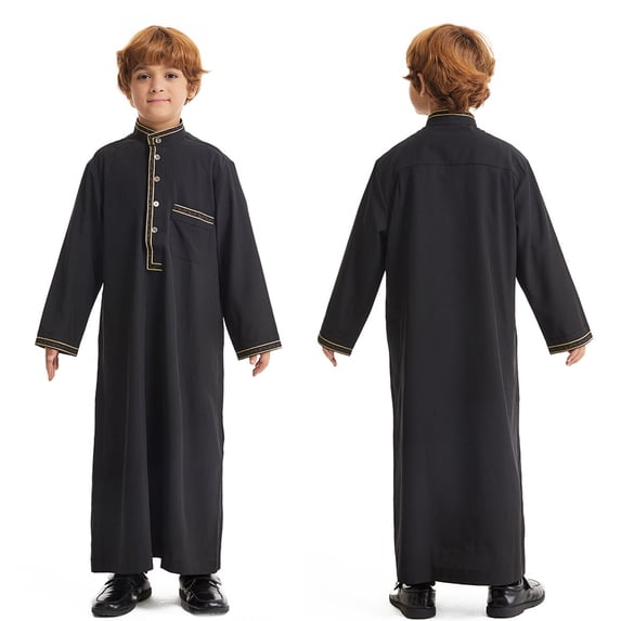 Thobe for Boy Kaftan Casual Long Sleeves Thobes Crew Neck Kids Robes for Boys Black Thobe for Boy 11-12 Years