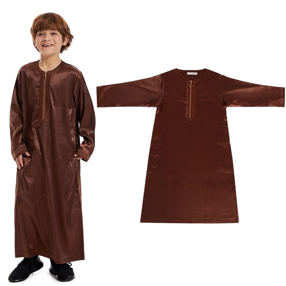Thobe for Boys Casual Long Sleeves Thobe Crew Neck Thobes Coffee Abaya 3-4 Years