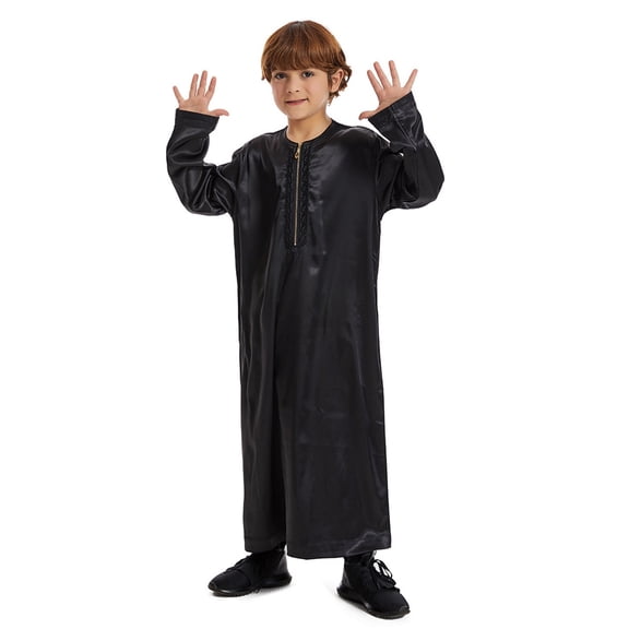Thobe for Kids Casual Long Sleeves Muslim Gown Crew Neck Kids Robe Black Kaftan 7-8 Years