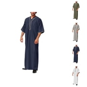 Thobe for Men Half Sleeve Loose Fit V Neck Mens Kaftan Thobe Islam Middle East Kaftan Dresses Dubai Clothes