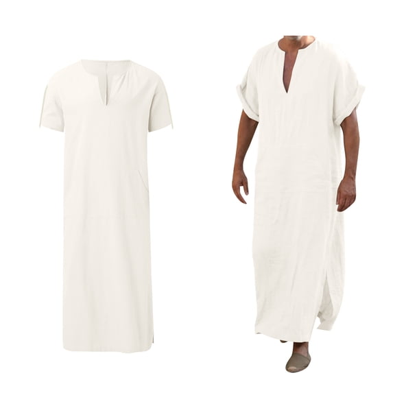 Thobe for Men Kaftan Casual Short Sleeve Long Gown Shirt V Neck Muslim Clothes White Kaftan
