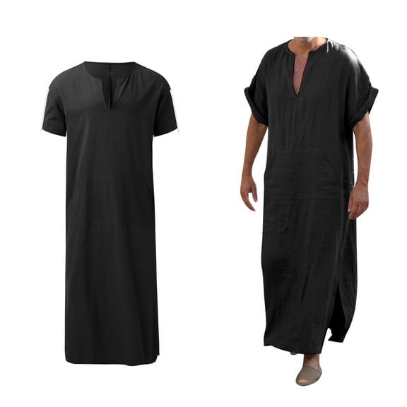 Thobe for Men Kaftan Casual Short Sleeve Mens Robe Long V Neck Muslim Thobe Black Robe