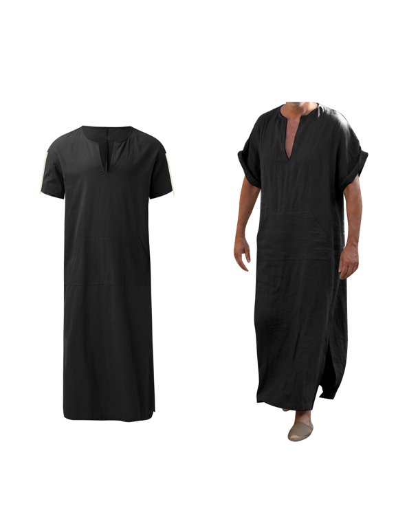Thobe for Men Kaftan Casual Short Sleeve Mens Thobe V Neck Muslim Thobe for Men Black Kaftan