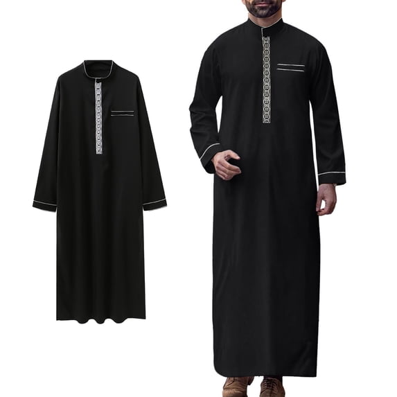 Thobe for Men Long Sleeve Button Down Kaftan Thobe Casual Henley Shirts Embroidered Thobe Eid Clothes Muslim Prayer Clothes