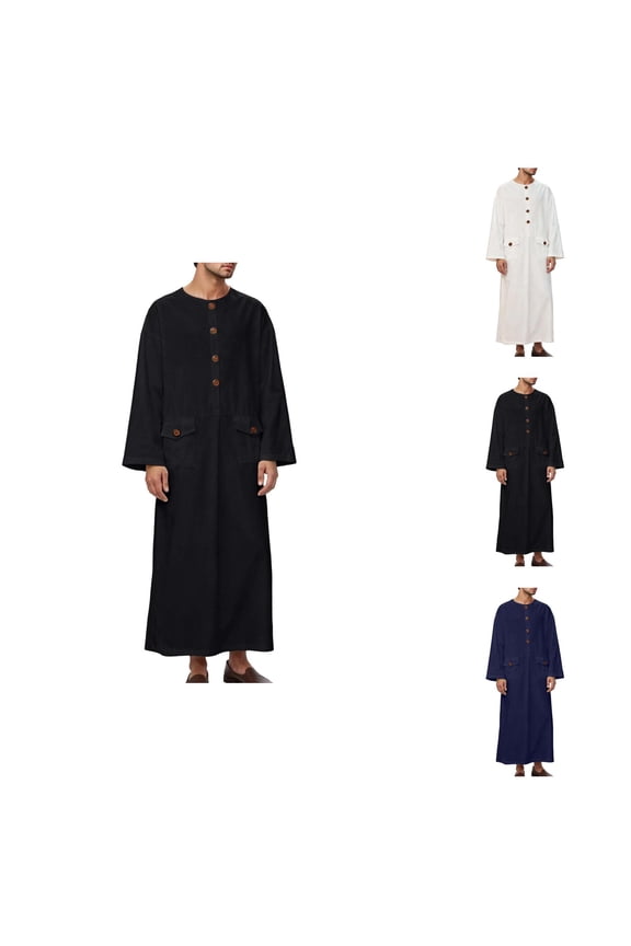 Thobe for Men Long Sleeve Loose Fit Crewneck Mens Kaftan Thobe with Pockets Kaftan Dresses Dubai Clothes