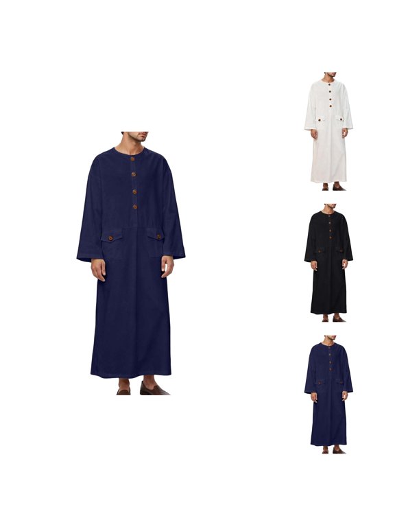 Thobe for Men Long Sleeve Loose Fit Crewneck Mens Kaftan Thobe with Pockets Kaftan Dresses Dubai Clothes