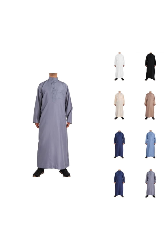 Thobe for Men Long Sleeve Stand Collar Mens Kaftan Thobe with Chest Pocket Kaftan Dresses Dubai Clothes