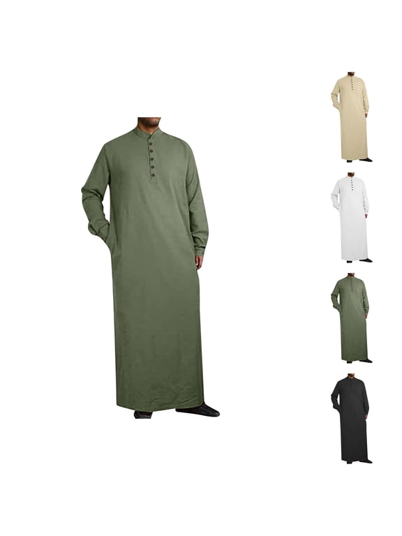 Thobe for Men Long Sleeve Stand Collar Side Slit Mens Kaftan Thobe with Pockets Kaftan Dresses Dubai Clothes