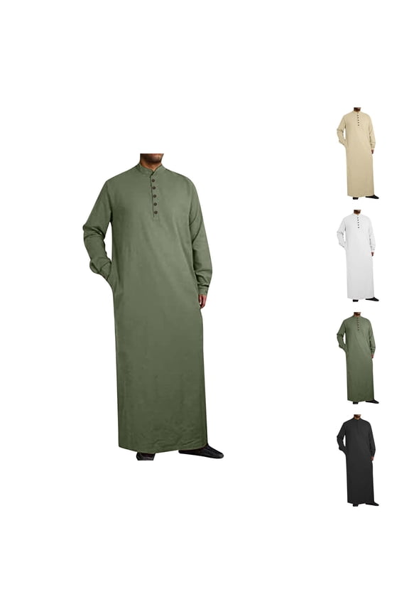 Thobe for Men Long Sleeve Stand Collar Side Slit Mens Kaftan Thobe with Pockets Kaftan Dresses Dubai Clothes