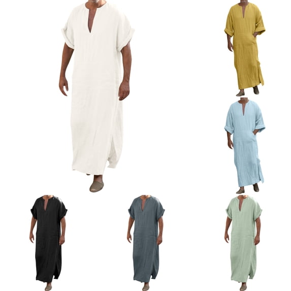 Thobe for Men Men's Solid V Neck Linen Robe Long Sleeve Kaftan Thobe Long Gown Casual Shirt for Beach Light Blue XXXXL