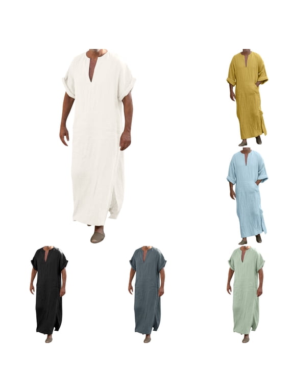 Thobe for Men Men's Solid V Neck Linen Robe Long Sleeve Kaftan Thobe Long Gown Casual Shirt for Beach Orange S