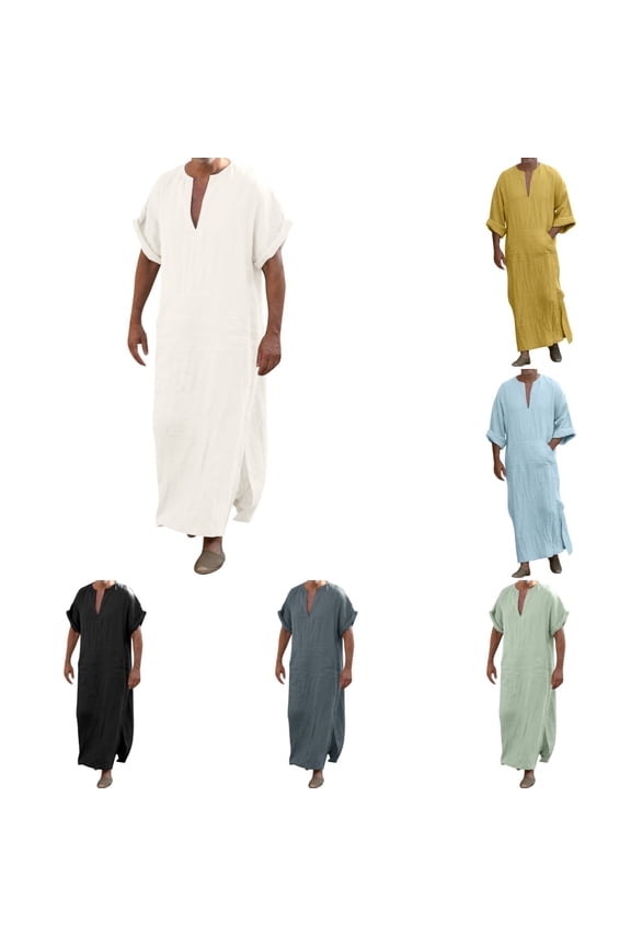 Thobe for Men Men's Solid V Neck Linen Robe Short Sleeve Kaftan Thobe Long Gown Casual Shirt for Beach White XL