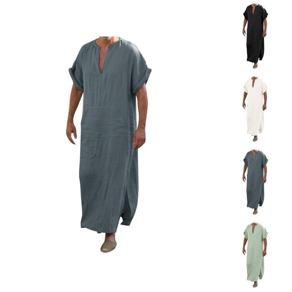 Thobe for Men Short Sleeve Cotton Linen V Neck Mens Kaftan Thobe with Pockets Kaftan Dresses Dubai Clothes