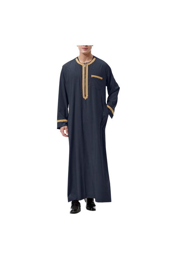 Men's Kaftan Thobe Saudi Arabic Middle East Robes Breathable Long Sleeve Clothing Ramadan Jubbah Sleepwear Summer Robes Solid