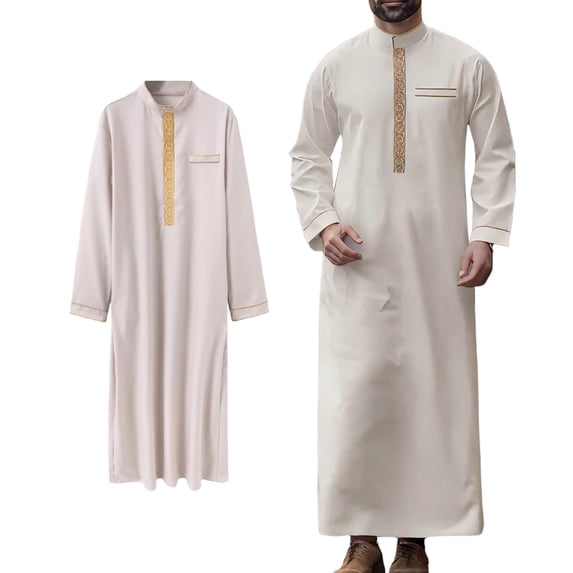 Thobes Men Long Sleeve Button Down Thobe Men Casual Henley Shirts Embroidered Thobe Eid Outfit Prayer Clothes