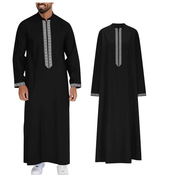 Thobes Men Muslim Long Sleeve Zipper Kaftan Thobe Casual Henley Shirts Embroidered Thobe Eid Clothes Prayer Clothes