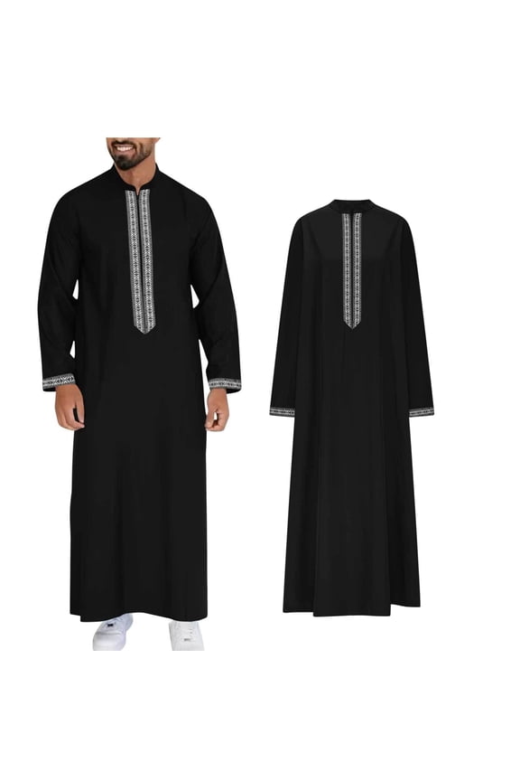 Thobes Men Muslim Long Sleeve Zipper Kaftan Thobe Casual Henley Shirts Embroidered Thobe Eid Clothes Prayer Clothes
