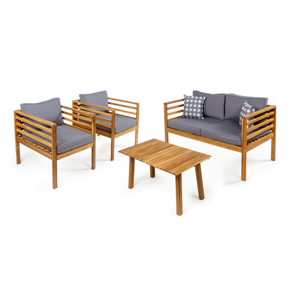 Thom 4-Piece Mid-Century Modern Acacia Wood Outdoor Patio Set with Cushions and Plaid Decorative Pillows, Gray/Teak Brown