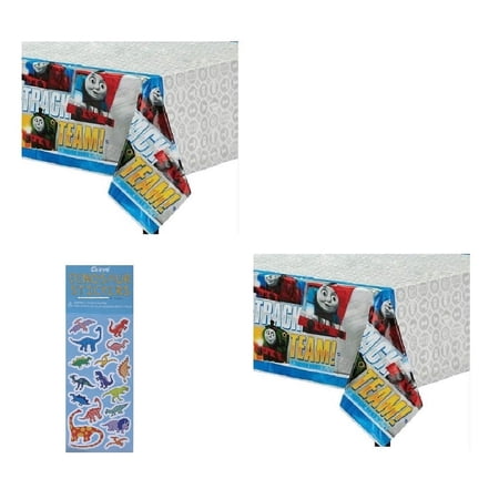 Thomas All Aboard Birthday Party Supplies Bundle includes 2 Plastic Table Covers and 1 Dinosaur Sticker Sheet