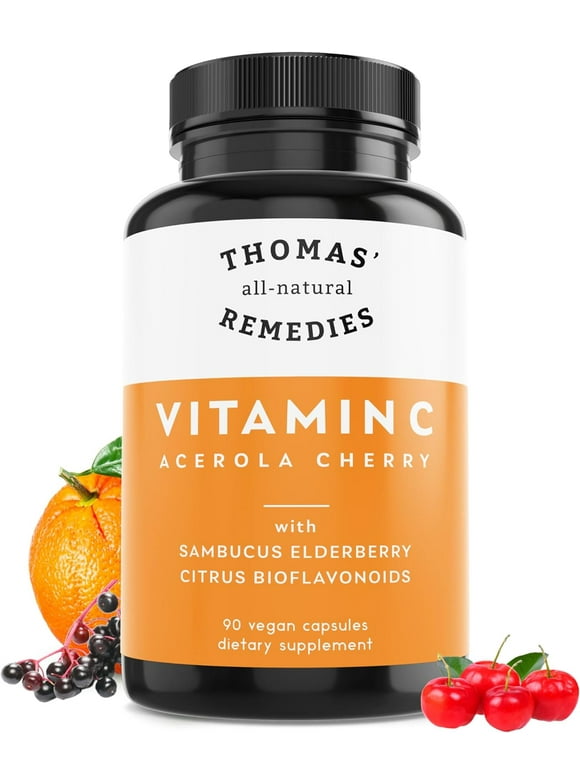 Thomas' All-Natural Remedies Vitamin C with Organic Elderberry- Whole Food Supplement - Non-GMO - Raw Vegan - 90 Capsules