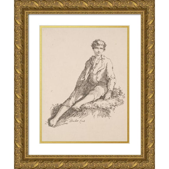 Thomas Barker 11x14 Gold Ornate Wood Frame and Double Matted Museum Art Print Titled - Specimens of Polyautography: Boy Seated on a Grassy Bank (1803)